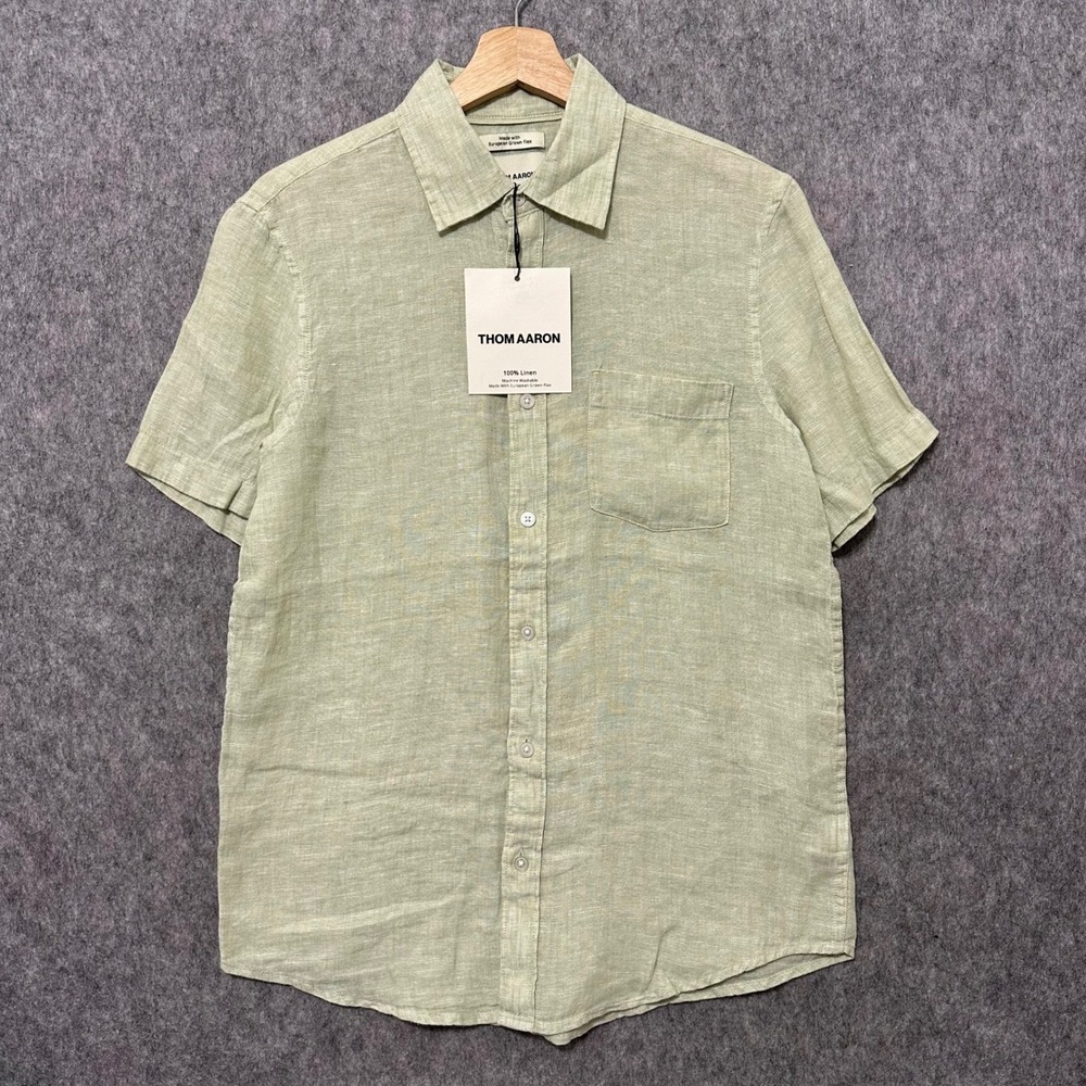 New THOM AARON Men's Light Green‎ Linen Short Sleeve Button Up Shirt Size S